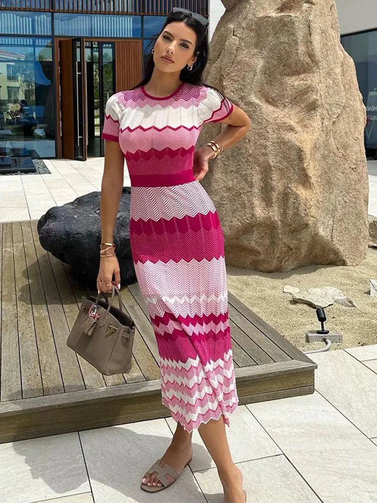 Women Elegant Contrast Knitted Slim Maxi Dress Round Neck Short Sleeve Dresses Lady Vacation Casual Street Vestido Red White 240822