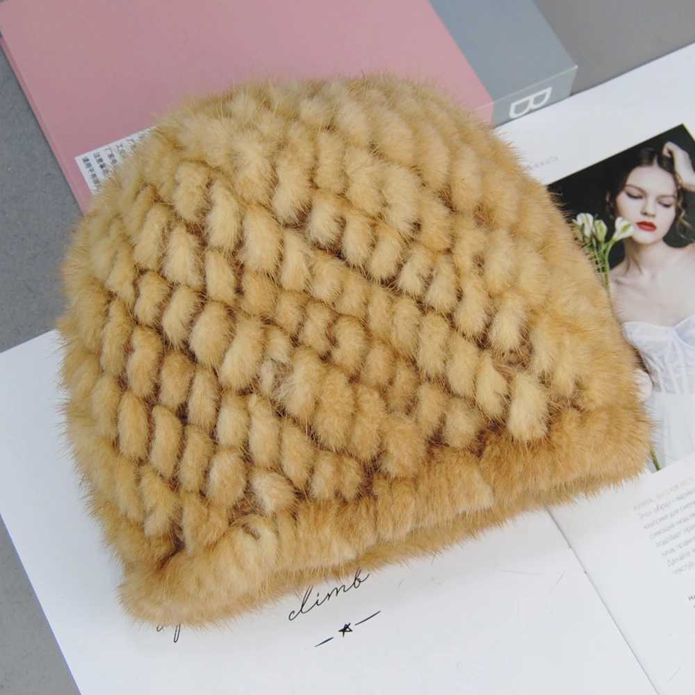 2024 Winter Womens Mink Hat Natural True Fur Knitted Hat Fashionable Fluffy Womens Genuine Leather Beans Womens Black Fur Hat W240822