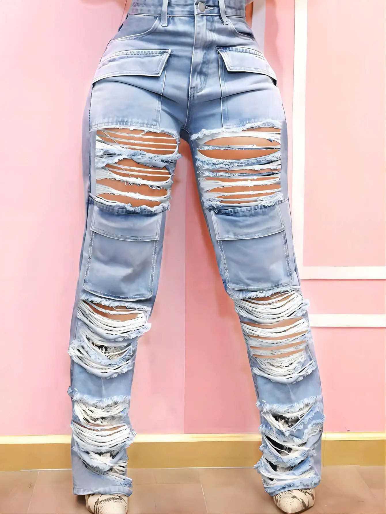 90s Y2K Strt High Waist Washed Flap Pocket Ripped Decor Cargo Pants Daily Casual Jean Z260313