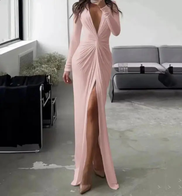 Autumn Winter Spring Fashion Casual Sexy V-Neck Long Sleeve Solid Slim Pleated Dress Elegant Party Dresses for Women 240823