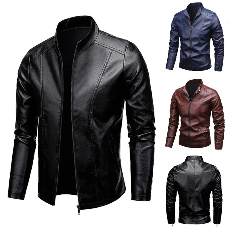 Autumn Men Leather Coat Vintage Classic Stand Collar Male Faux Leather Jacket Trend Casual Fit Slim Motorcycle Clothes 240822