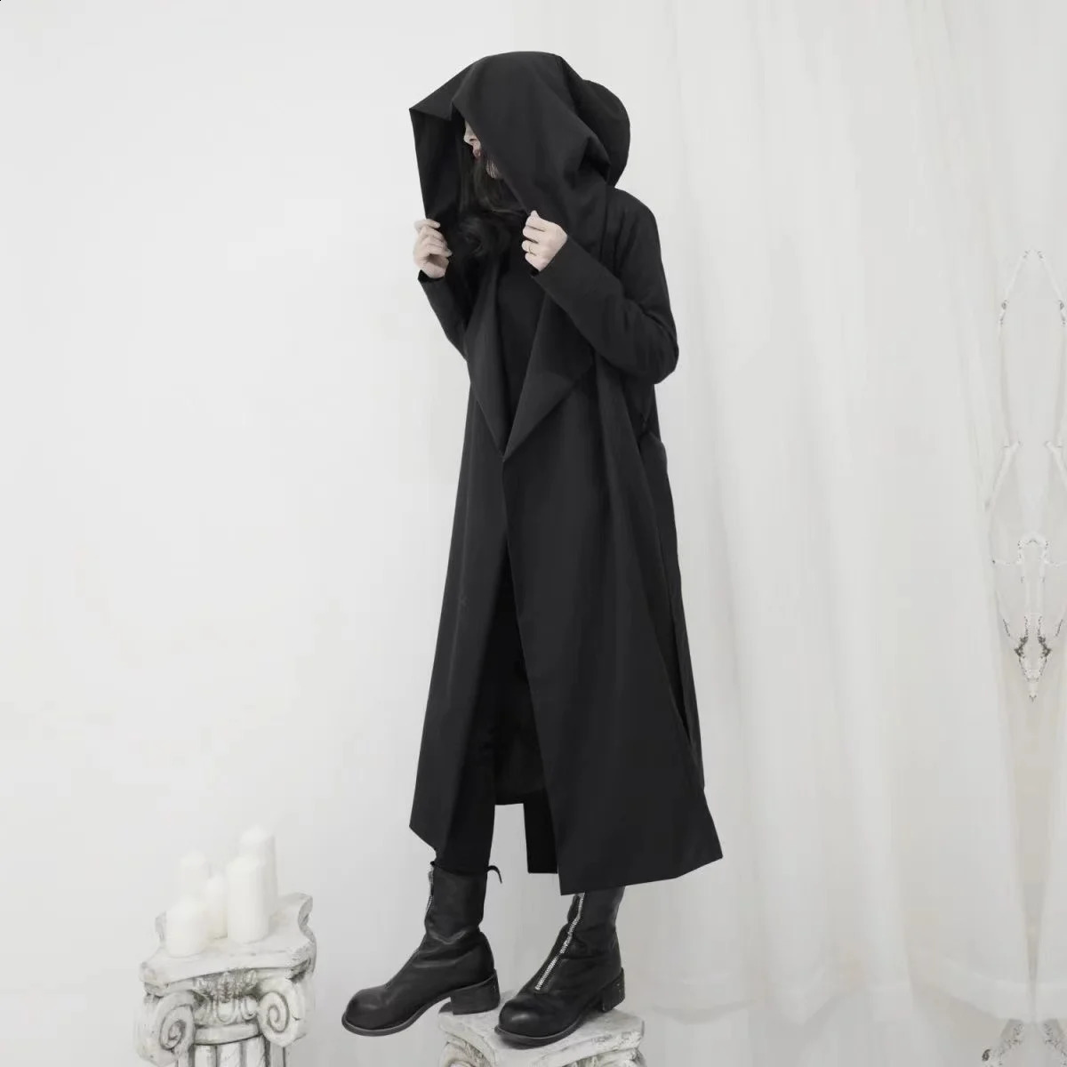 ARENS Hooded Trench Coat Men and Women Gothic Punk Lace Up Cardigan Long Windbreaker Fall Korean Dark Black Style Punk Overcoat 240822