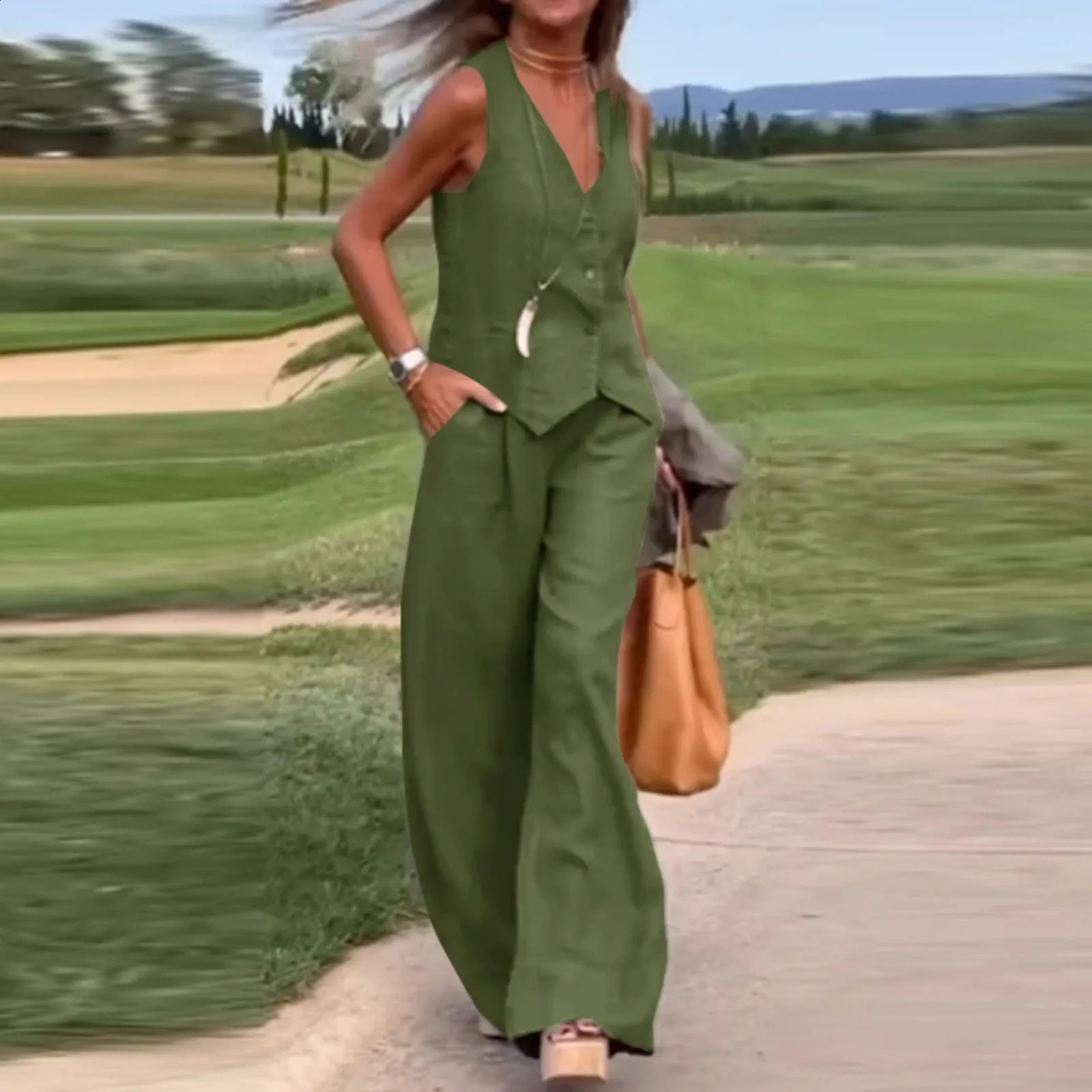 Casual solid 2-piece pants set elegant womens vest set sleeveless V-neck vest top fashionable pants set oversized matching set 240823