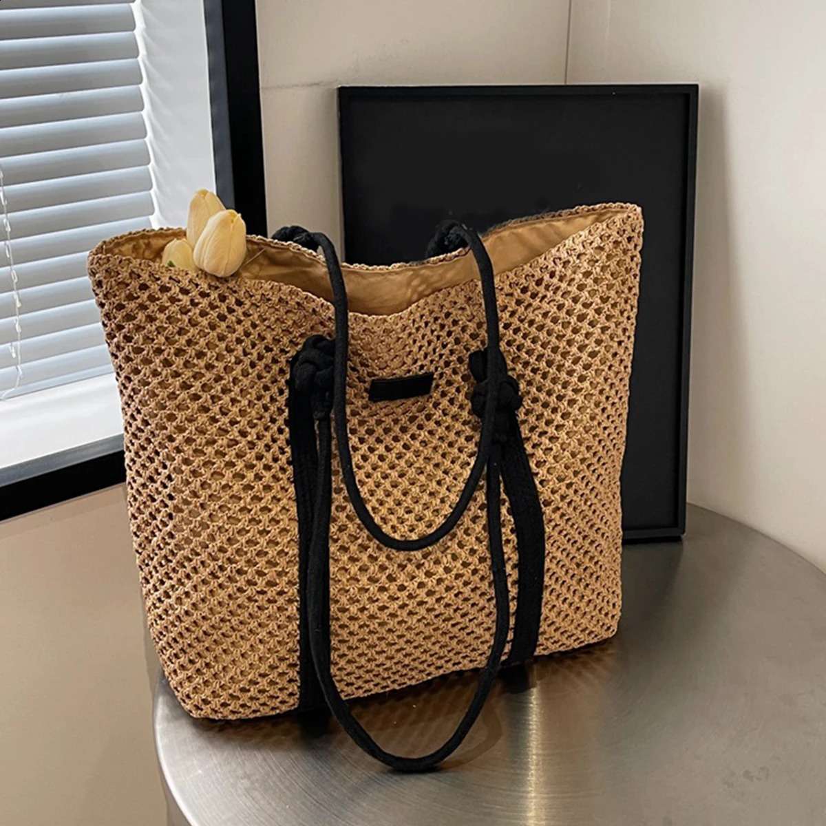 Handwoven Womens Shoulder Handbag Bohemian 2024 Summer Fashion Straw Beach Tote Bag Travel Shopper Weaving Shopping Bags 240822