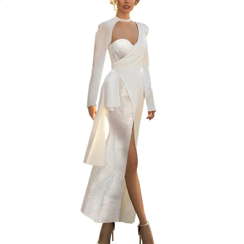 Sexy Side Slit Long Sleeve Sequined Waist-fitted Slimming Dress For Women Socialite Style Evening Dress 240823