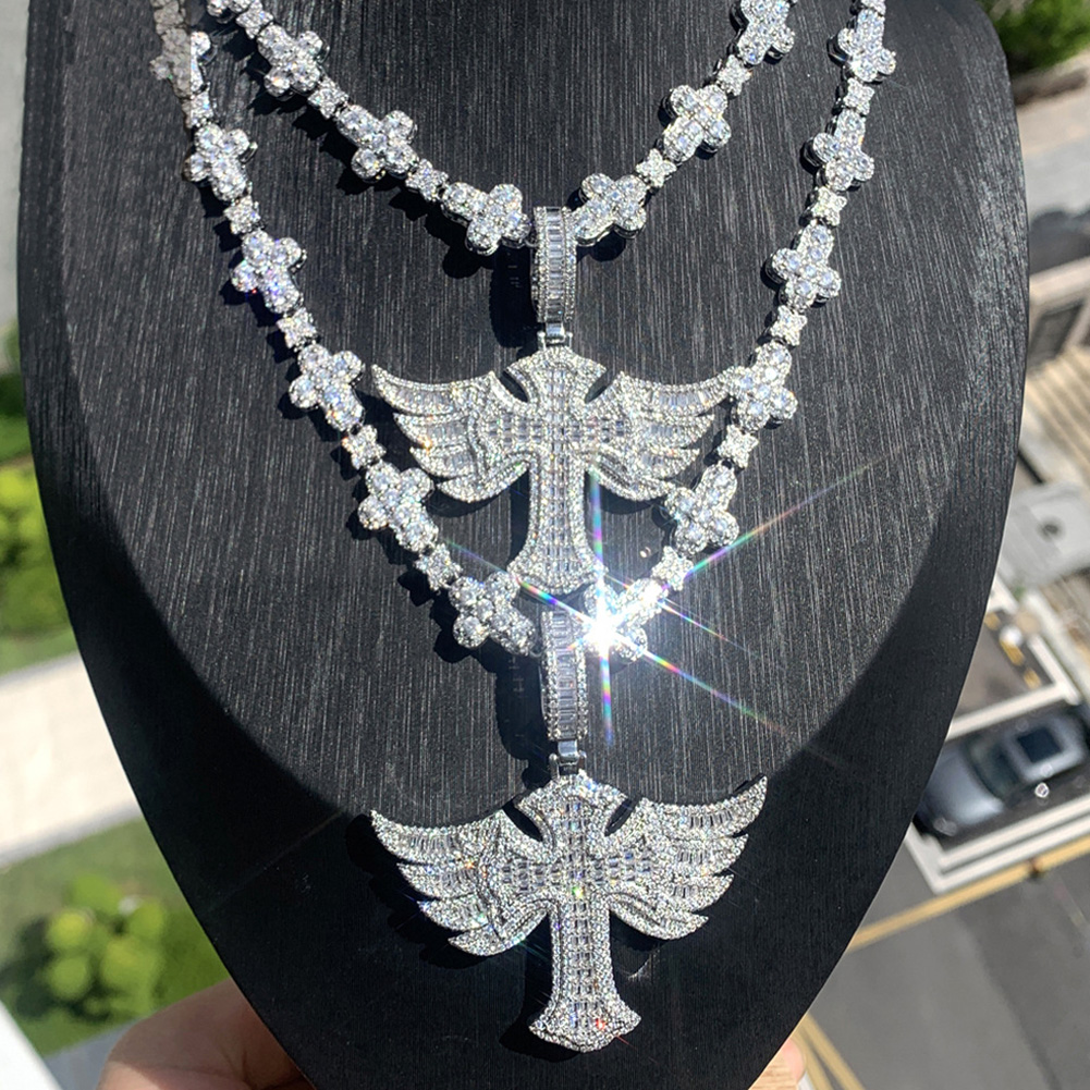 Hip Hop Wing Cross Cross Pendant Necklace with Chain 5A Zircon White Gold Plated Religious Men Jewelry