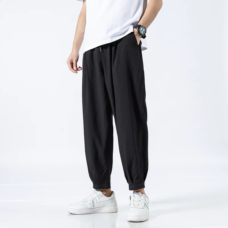 Ice Silk Summer Mens Anklelength Pants Solid Loose Quick Dry Casual Elastic Lightweight Joggers Thin Business 240822