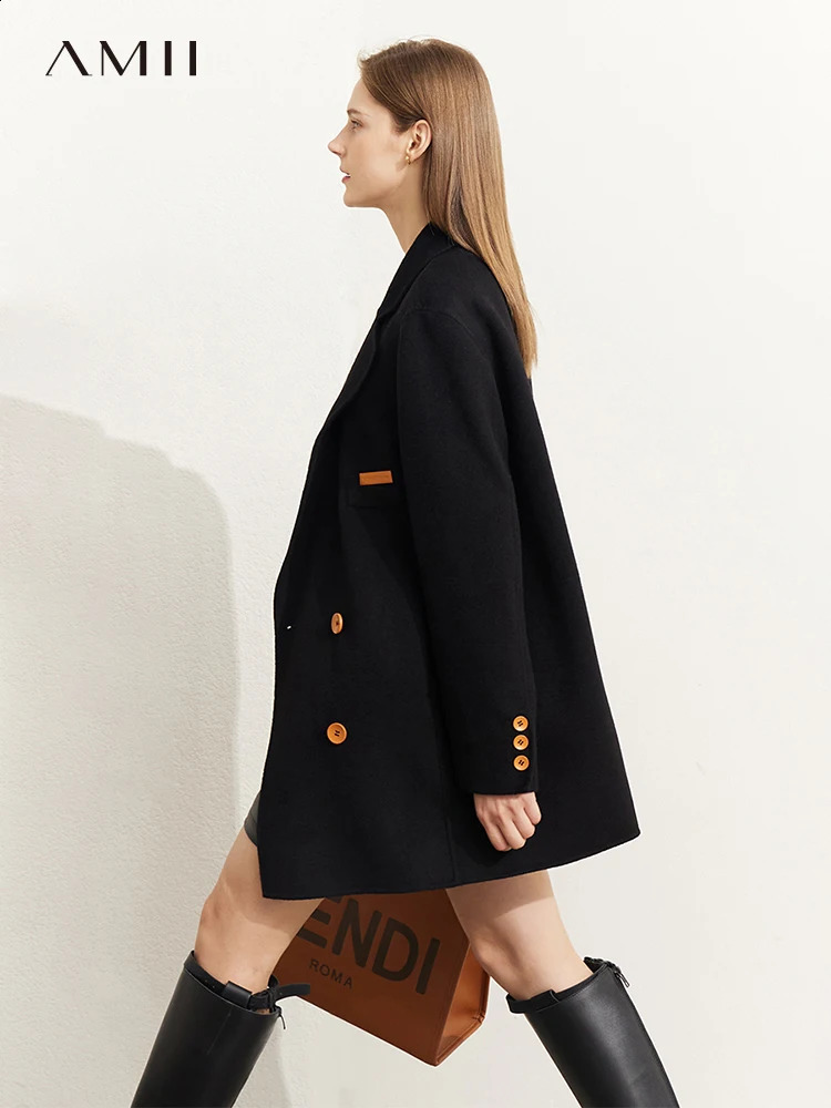 AMII Minimalist Woolen Coat for Women Winter Mid-long Loose Office Lady Blends Turn-down Collar Casual Jackets 12324024 240822