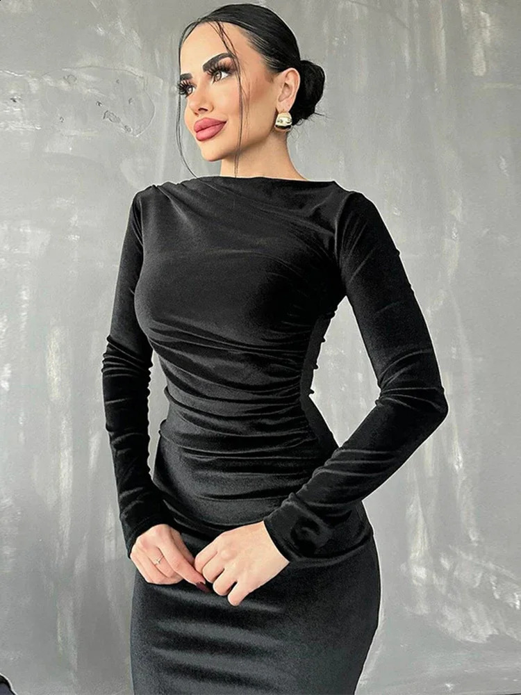 BWQ Spring Summer Velvet Long Sleeve Midi Dress For Women Ruched Long Dress Elegant Party Clothes Evening Green Outfits 240823
