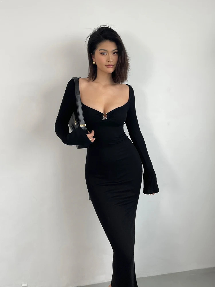 Sexy V-neck Flare Sleeves Dress Elegant For Womens Spring High Waist Slim Split Fish Tail Wrap Hip Long Dress Sweet G7LZ 240823