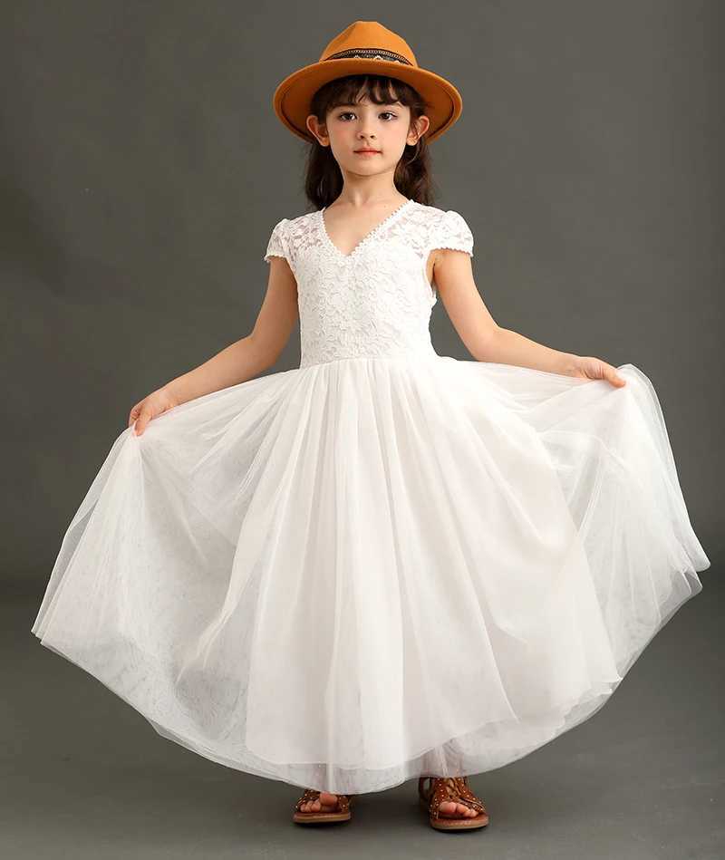 Bohemian style girl lace mesh patch V-neck backless fashionable wedding flower girl evening dress 4 6 7 8 10 14 W240823