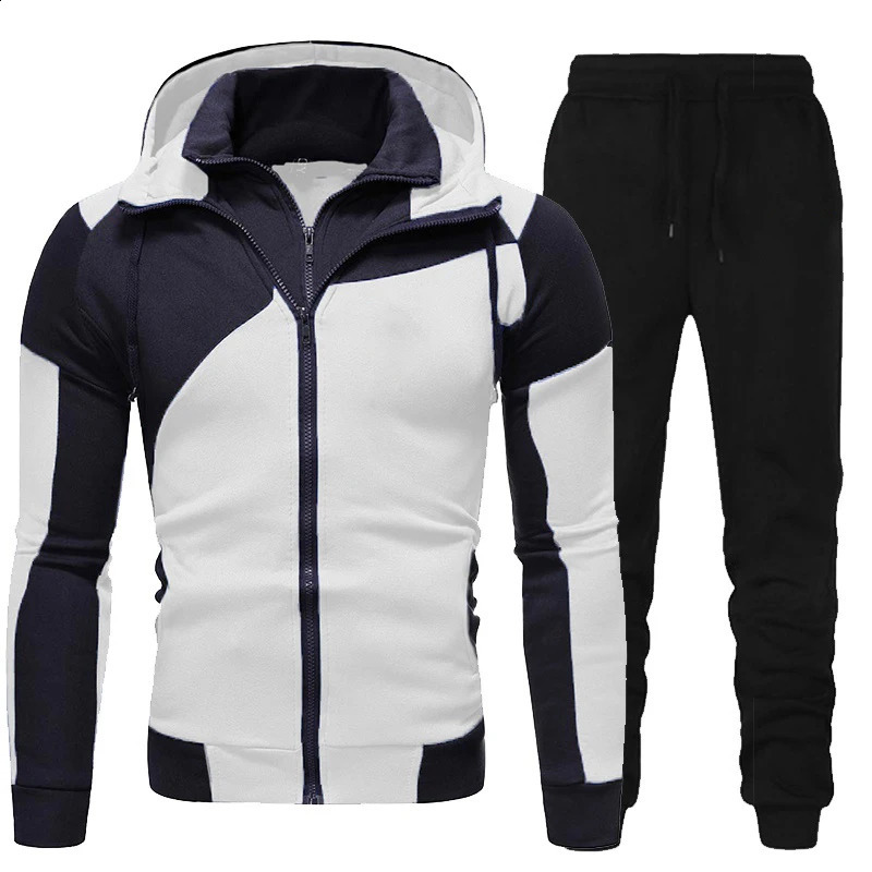Mens track and field suit spring autumn long sleeved hooded sweatshirt zipper jogging Trouser patch work fitness running casual clothing sportswear 24