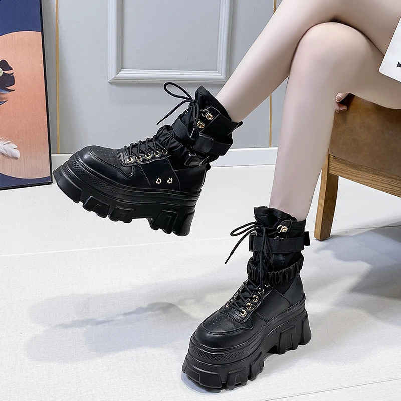 Rimocy Punk Short and Fat Platform Motorcycle Boots for Women Lace Sole Thick Ankle Boots for Women Cool Autumn Winter Gothic Shoes for Women 240823
