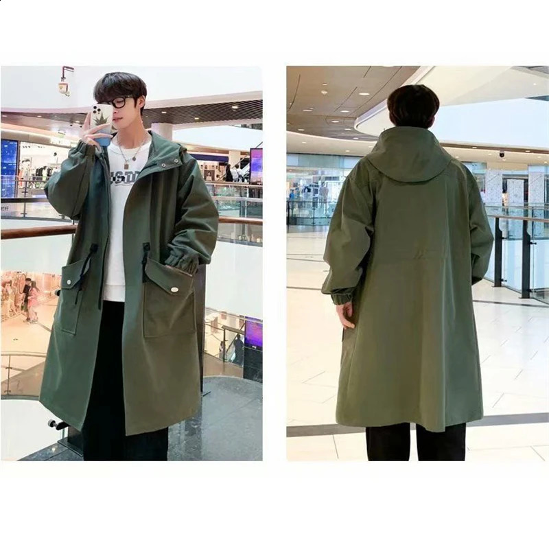 Mens Fashion Trench Coat Black Windbreaker Man Hooded Coats Loose Long Coats Wild Spring Autumn Hoodies Tops 240822