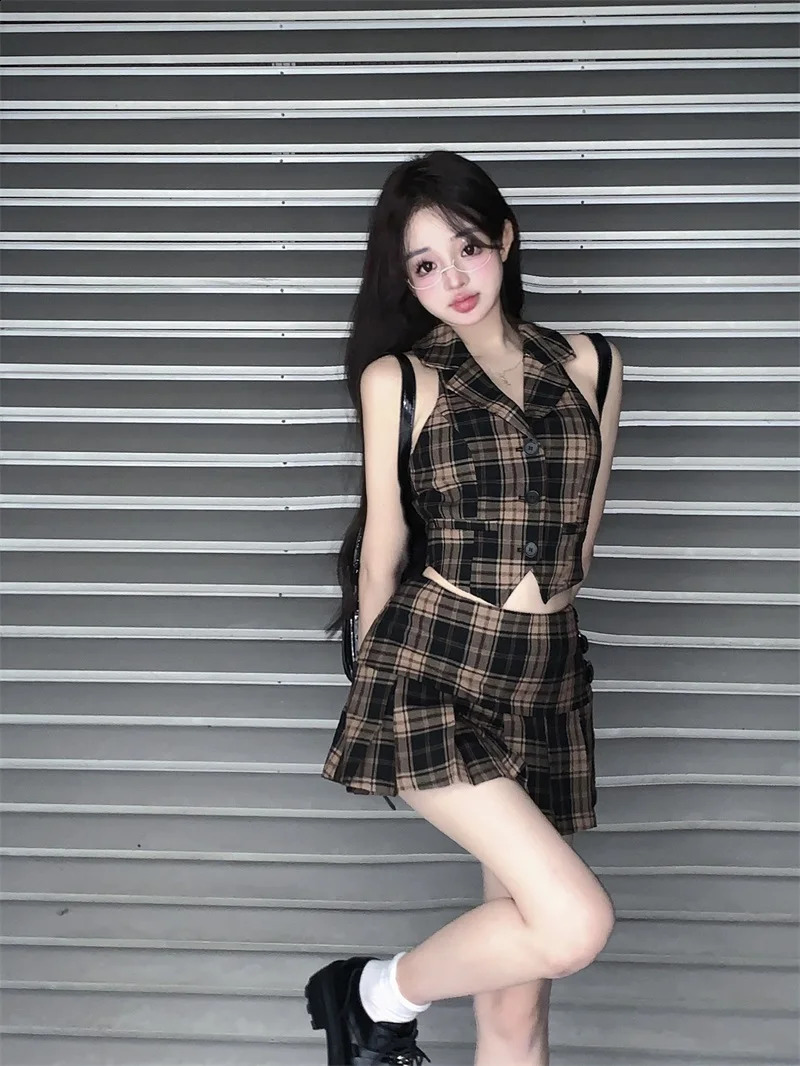 Vintage Suit Womens Summer Coffee Plaid Slim Fit Vest High Waist Short Skirt Two-piece Set Fashion Female Clothes 240823