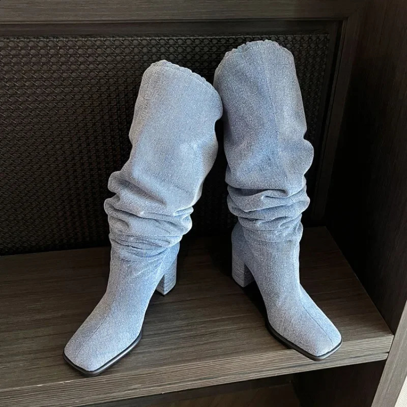 Blue denim pleated long boots for women elastic western denim boots with thick heels and square toes fashionable and sexy womens shoes 240823