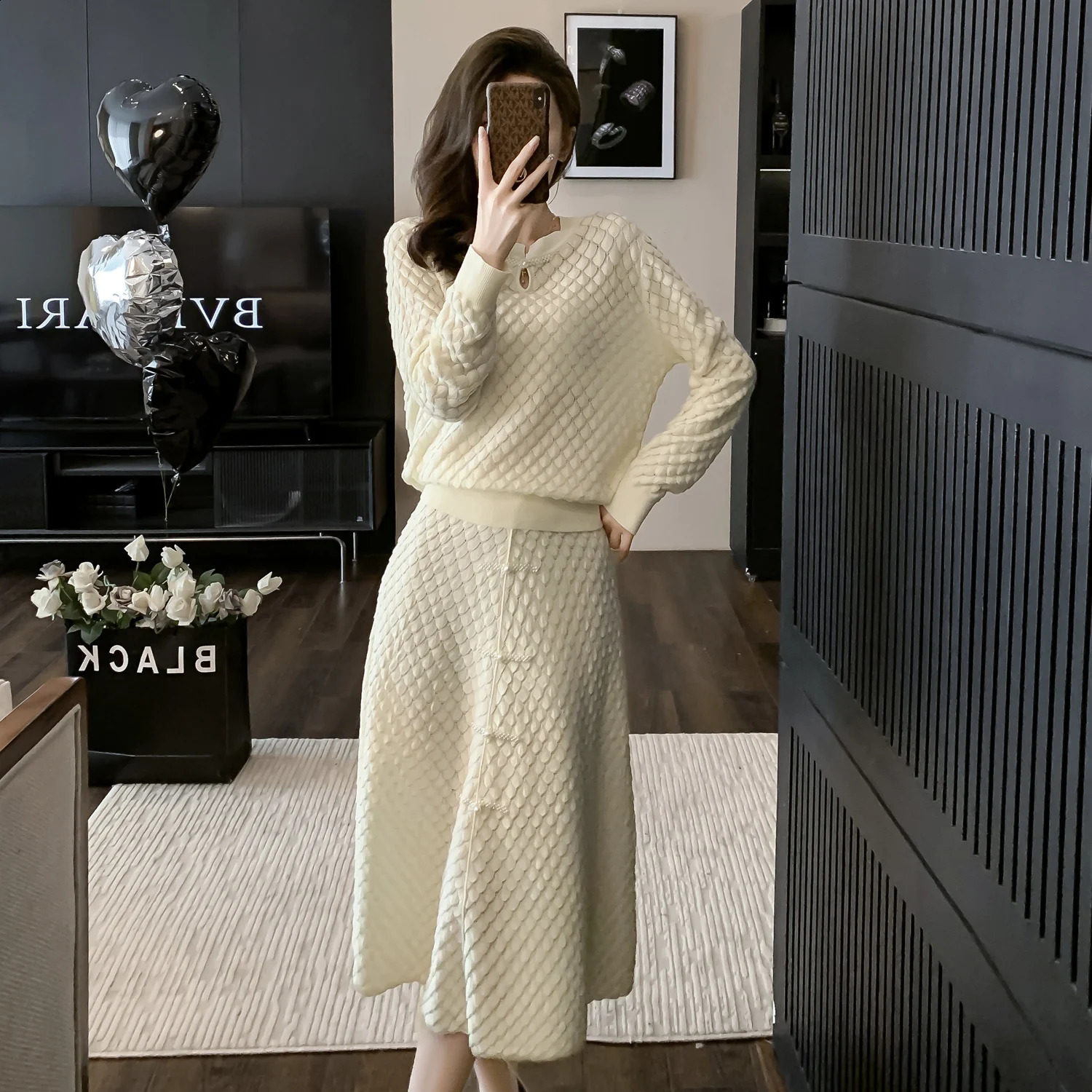 ZJYT Autumn Winter Knitted Dress Sets 2 Pieces Womens Outfits Fashion Long Sleeve Pearls Pullover Sweater and Skirt Suit Female 240823