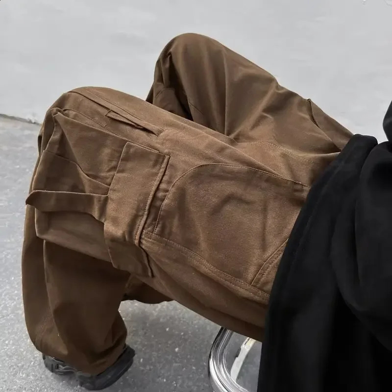 Japanese style solid color wide leg pocket mens commercial pants loose on the street brushed straight casual 240823
