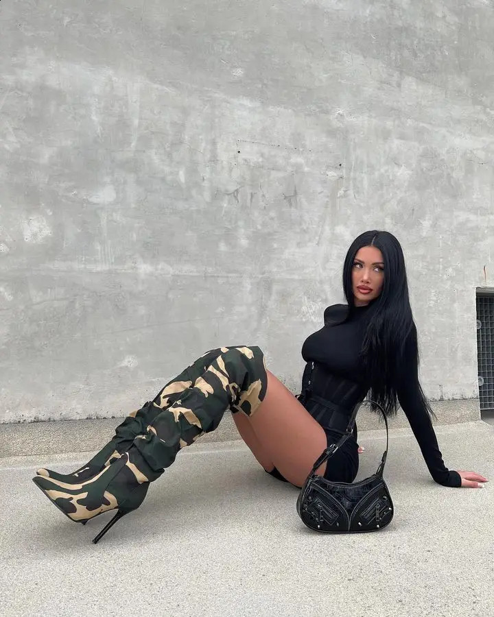 Fashionable printed camouflage sexy knee high boots thin high heels womens long toe motorcycle boots womens 240823