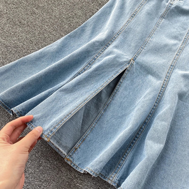 Vintage V-Neck Women Denim Dress Summer Short Sleeve Mermaid Dresses Female Slim Long Jean Slit Vestidos 240822