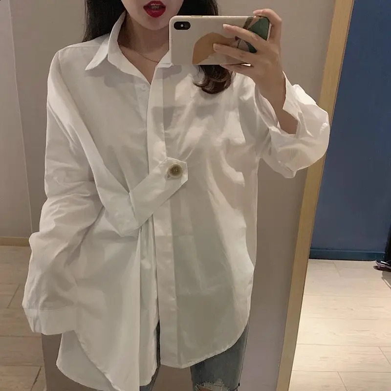 Irregular white loose trend shirt spring long sleeved polo neck solid fashion top street casual womens clothing w240824