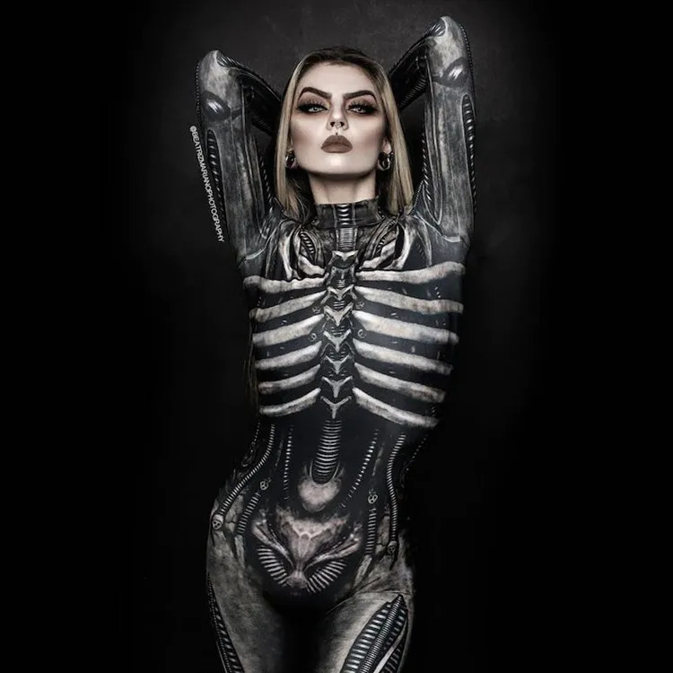 Womens clothing long sleeved 3D printed Halloween carnival horror human skeleton roleplaying tight jumpsuit Zentai fitting 240823