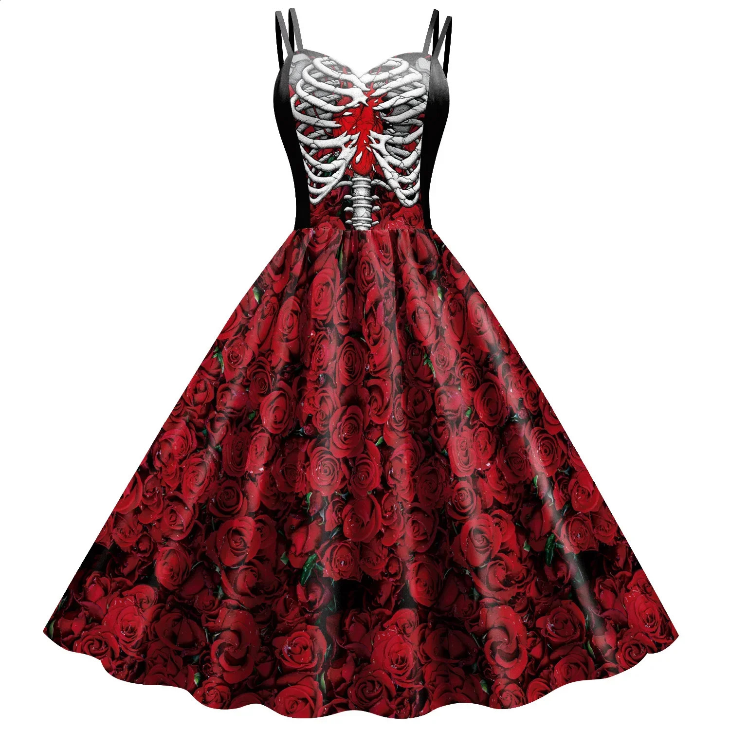 Halloween costume fancy skeleton rose print womens dress womens dress womens dress gothic horror Rockabily carnival fancy dress party 240823