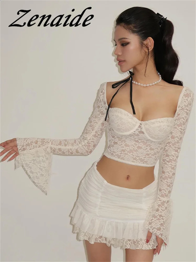 Zenaide 2024 Flare Long Sleeve Crop Top And Pleated Mini Skirt 2 Piece Set Sexy Lace Ruched Holiday Summer Women Sheer Outfits 240813