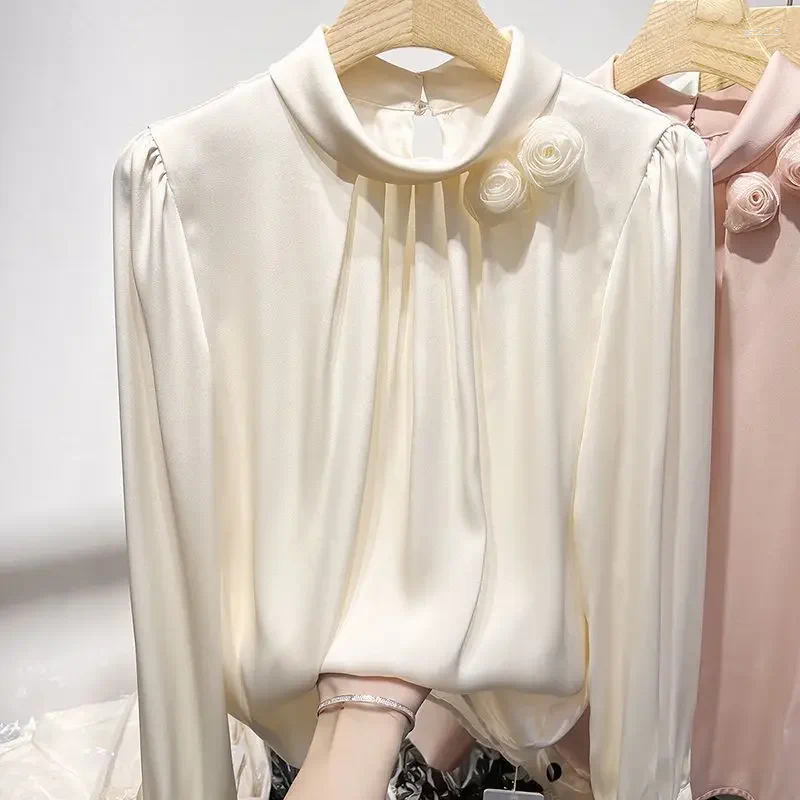 Women's Blouses Solid Women Baggy Office Lady Temper Elegant Designer Minimalist French Cozy Gentle Chemise Design Stand Collar Clothes