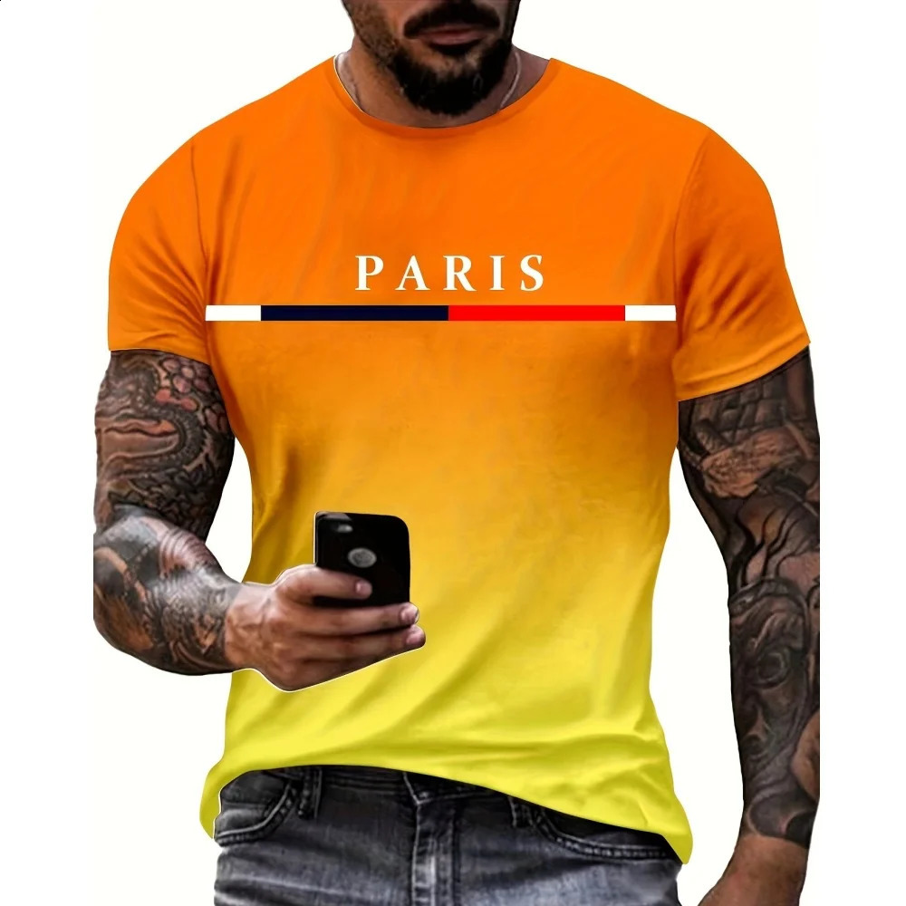 Fashionable mens Tshirt gradient color Paris graphic 3D printed casual short sleeved oversized top 240822