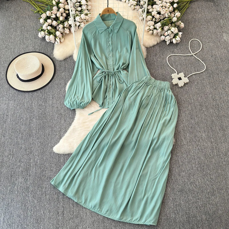EWQ Casual Solid Color 2 Piece Sets For Women Lapel Collar Belt Gathered Waist Top Loose Long Simplicity Skirt 27X181 240823