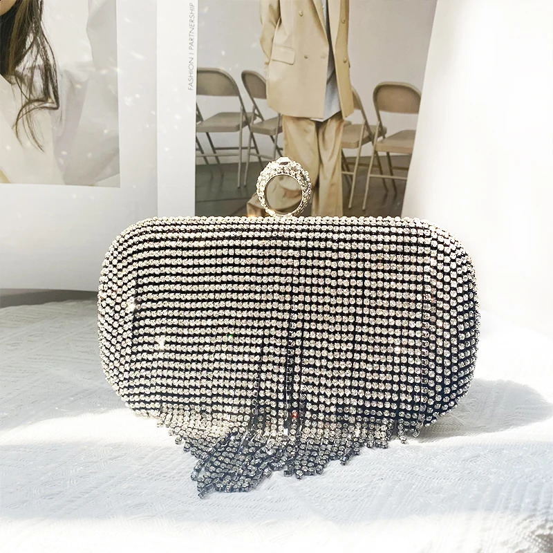 Fashion rhinestone wedding handbag womens clutch bag ring diamond tassel party 240823