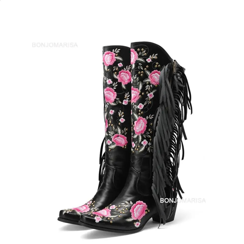BONJOMARISA womens denim boots with embroidered floral edges sweet Western denim boots Roman block high heels autumn 240823