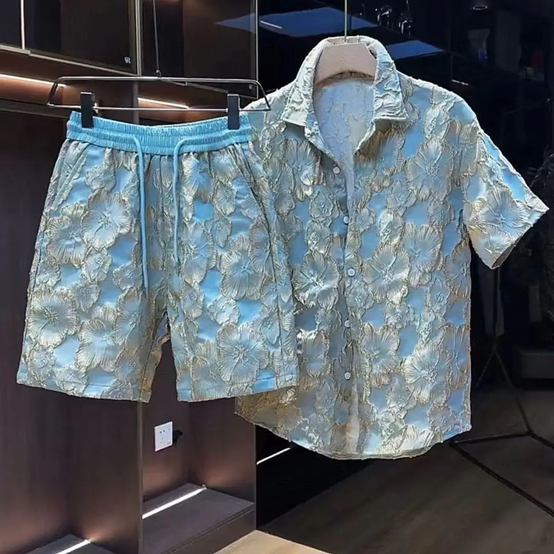 Ethnic Style Scalding Gold Flower Shirts And Shorts Two Piece Set Mens Fashion Short Sleeved Suits Summer Casual Loose Outfits 240822