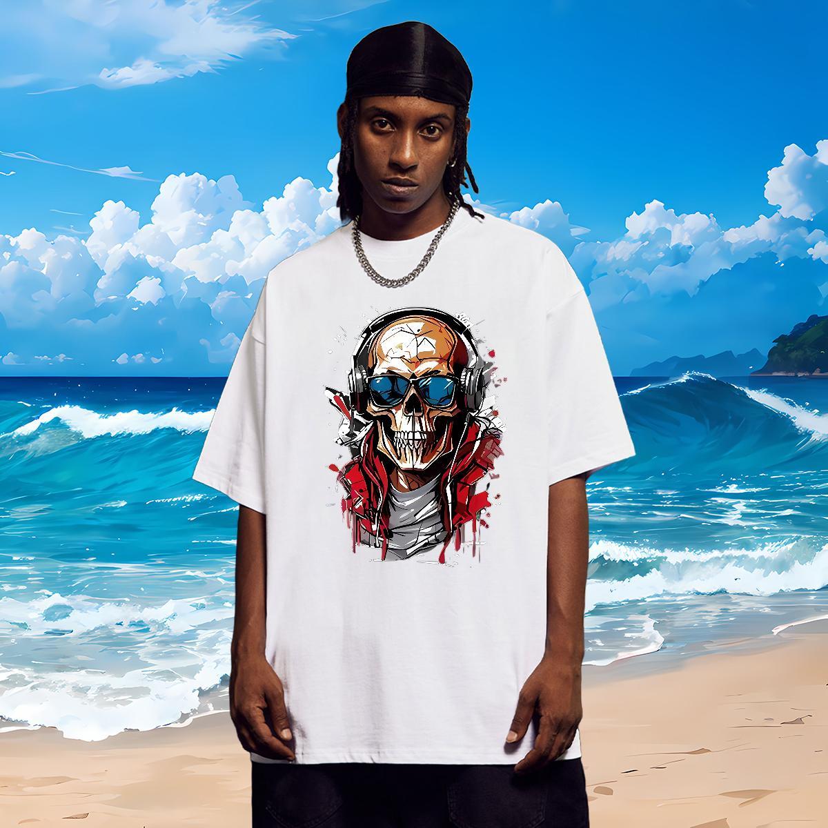 Soft T Shirts Men 230g Pure Cotton skull Sports Casual Cartoon Print Crew Neck Men Tees Factory Direct Tees Shirts