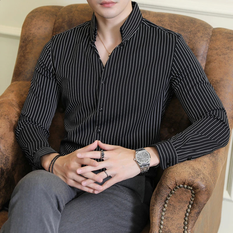V-neck Mens Long-sleeve Striped Business Casual Shirt for Autumn Daily Commuting Formal Work Attire Mens Stand-up Collar Shirt 240822