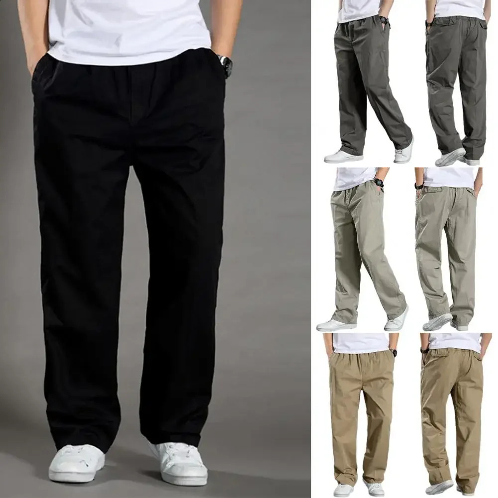 Men Cargo Pants Spring Fall Elastic Waist Drawstring Casual Pants Loose Large Pocket Male Straight Wide Leg Trousers 240822