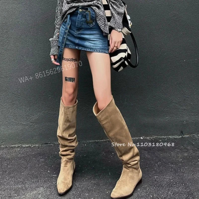 Womens Suede Wrinkled Knee High Boots with Almond Horn Toes Stacked Knight Boots for Autumn and Winter Slippery on Dress Shoes 240823