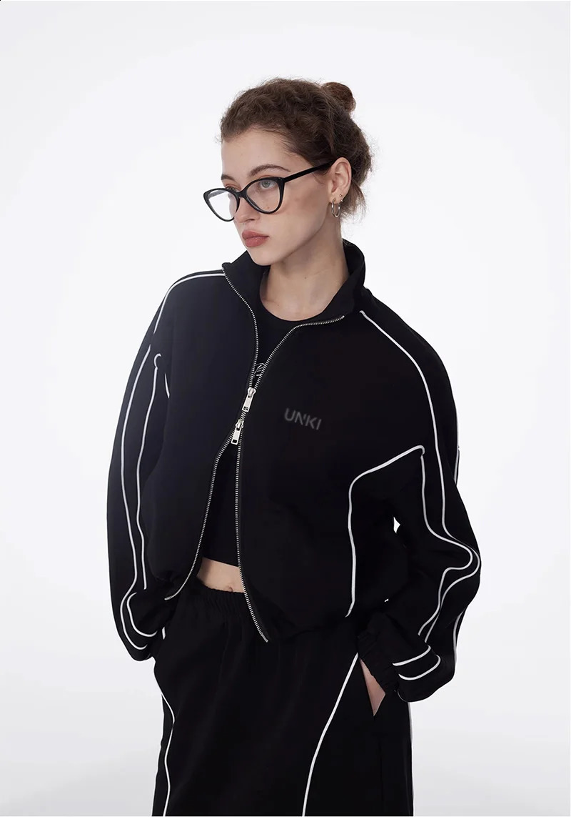 2 piece Set Womens Reflective Strip Black Zipper Track JacketSport Skirt Y2k Tracksuit Female CropTop Short Coat Jackets Sets 240823