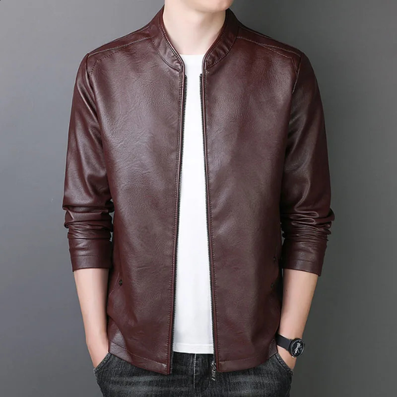 Trend Motorcycle Jacket Mens Fashion Leather Jacket Slim Fit Neckline PU Jacket Male Anti-wind Motorcycle Jackets Men Biker Coat 240822
