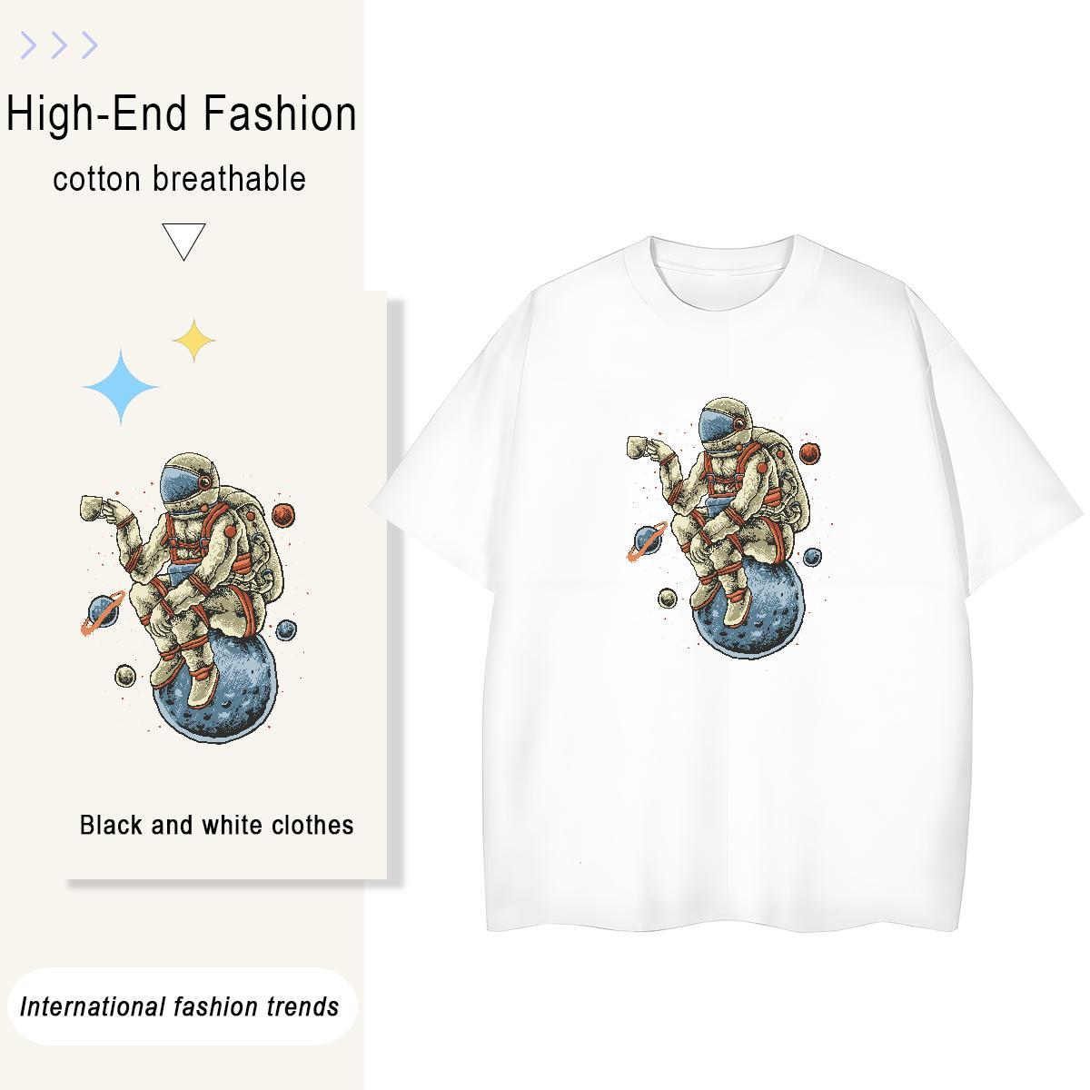 Loose fit Couples T Shirts 230g Cotton cosmonaut Daily Outfit Womens T Shirts Breathable Crew Neck White Plus Size Tee Shirt