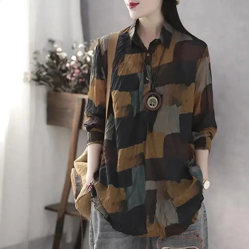 Fashionable retro long sleeved printed shirt for womens clothing spring and autumn loose fit fully matched lapel floral casual 240822