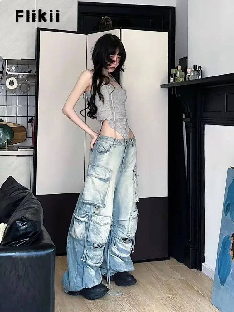 sweet Y2K Baggy 2000s Pockets Denim Trouser Women Vintage Casual Washed Pants Female Retro Waist High Street Trashy Jean Z260313