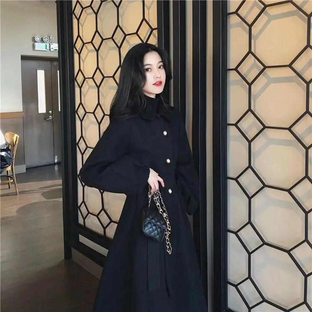 Autumn Winter Wool Jackets For Women French Retro Red Literary Court Ladies Mid-length Lantern Sleeve Faux Woolen Coats 240822