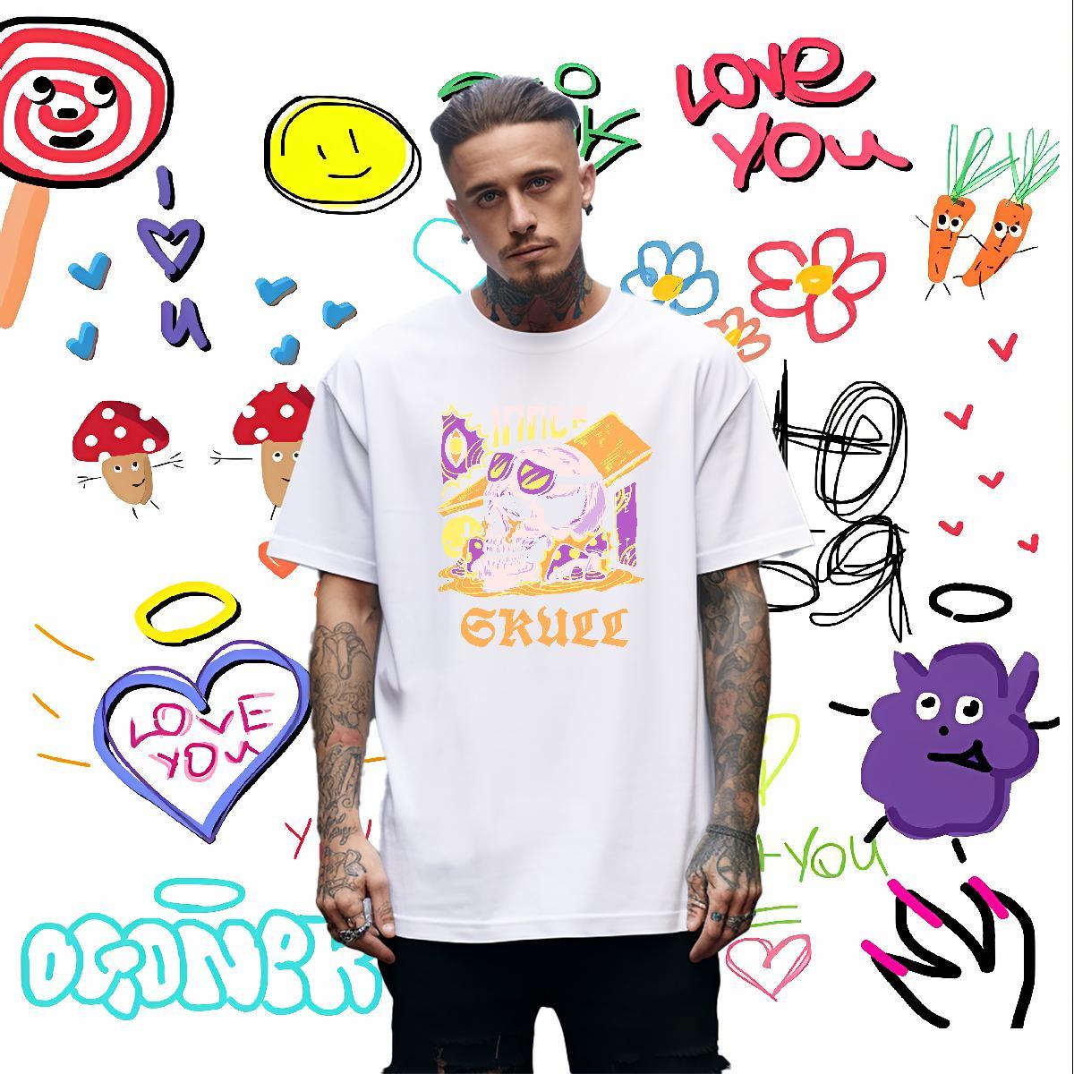 Brand Men T Shirts 100% Cotton 230g skull High Street Hip Hop Asian Size O Neck Short Sleeves Tshirt for Man Woman Customized Tees