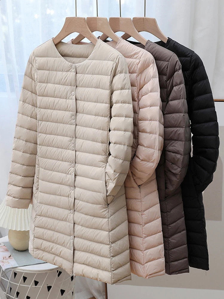 Womens winter coat autumn ultra light duck down jacket Oneck long sleeved inflatable windproof warm lining 240823