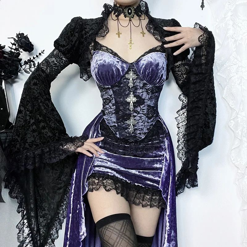 Goth Dark Gorgeous Victorian Gothic Velvet A-line Dress Womens Elegant Evening Dress Lolita Partywear Grunge Sling Lace Bottom Alt Cloth 240823