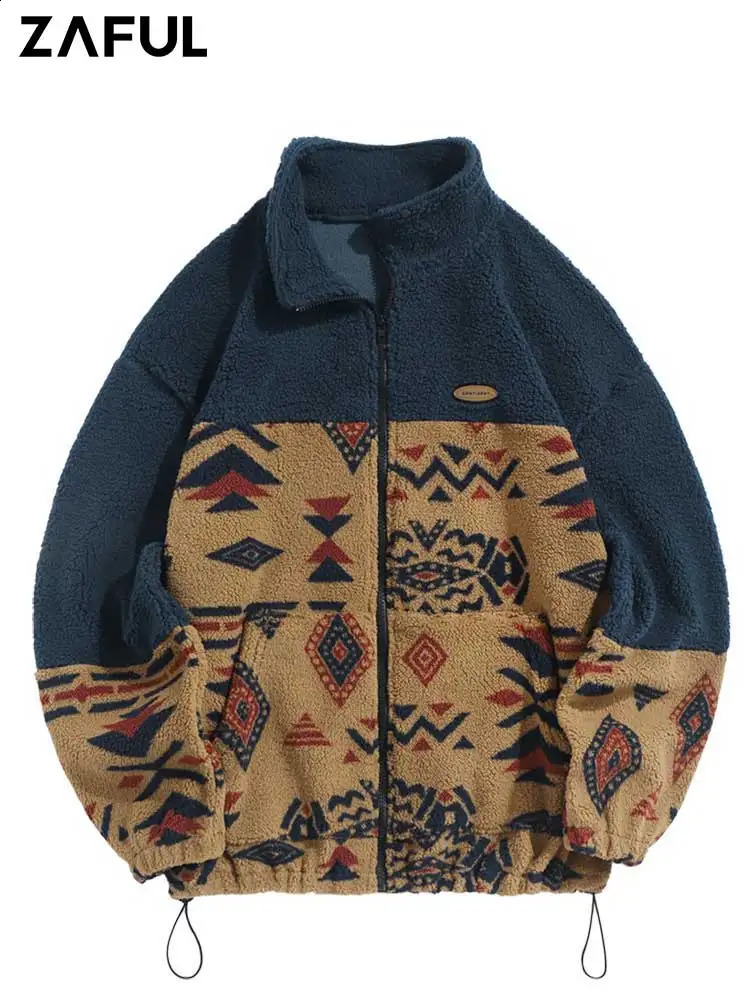Ethnic Aztec Printed Jackets for Men Turtleneck Zip Fly Fluffy Jacket Winter Streetwear Unisex Warm Outerwear Z50662 240822