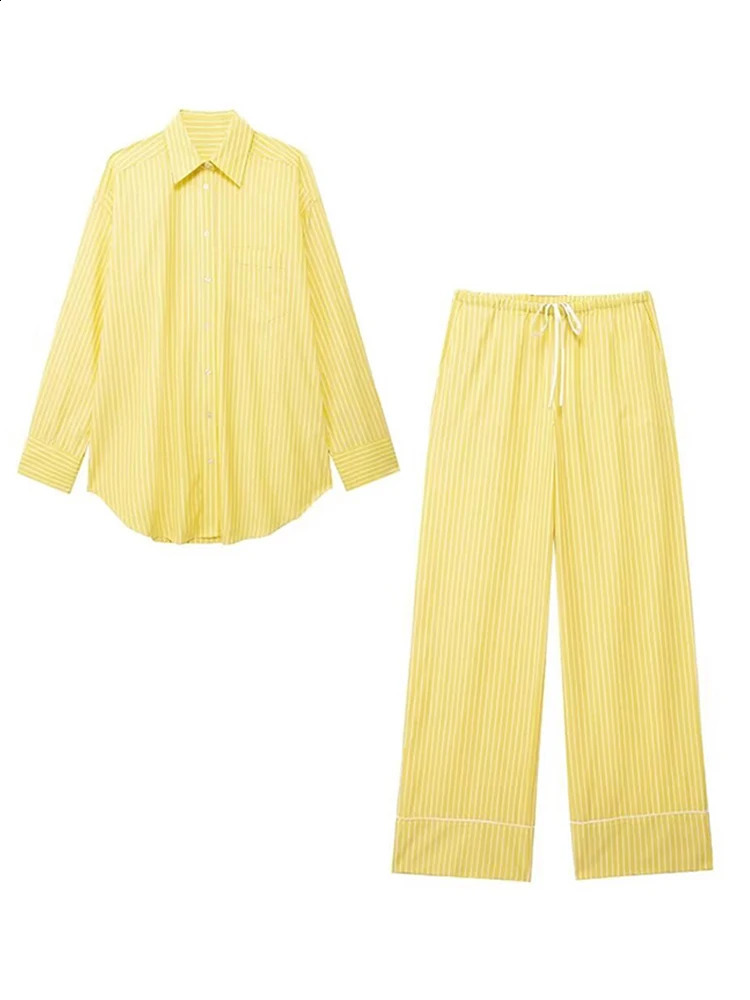 Casual striped shirt Trouser set womens single chest long sleeved loose T-shirt wide leg pants set 2024 street womens clothing 240823