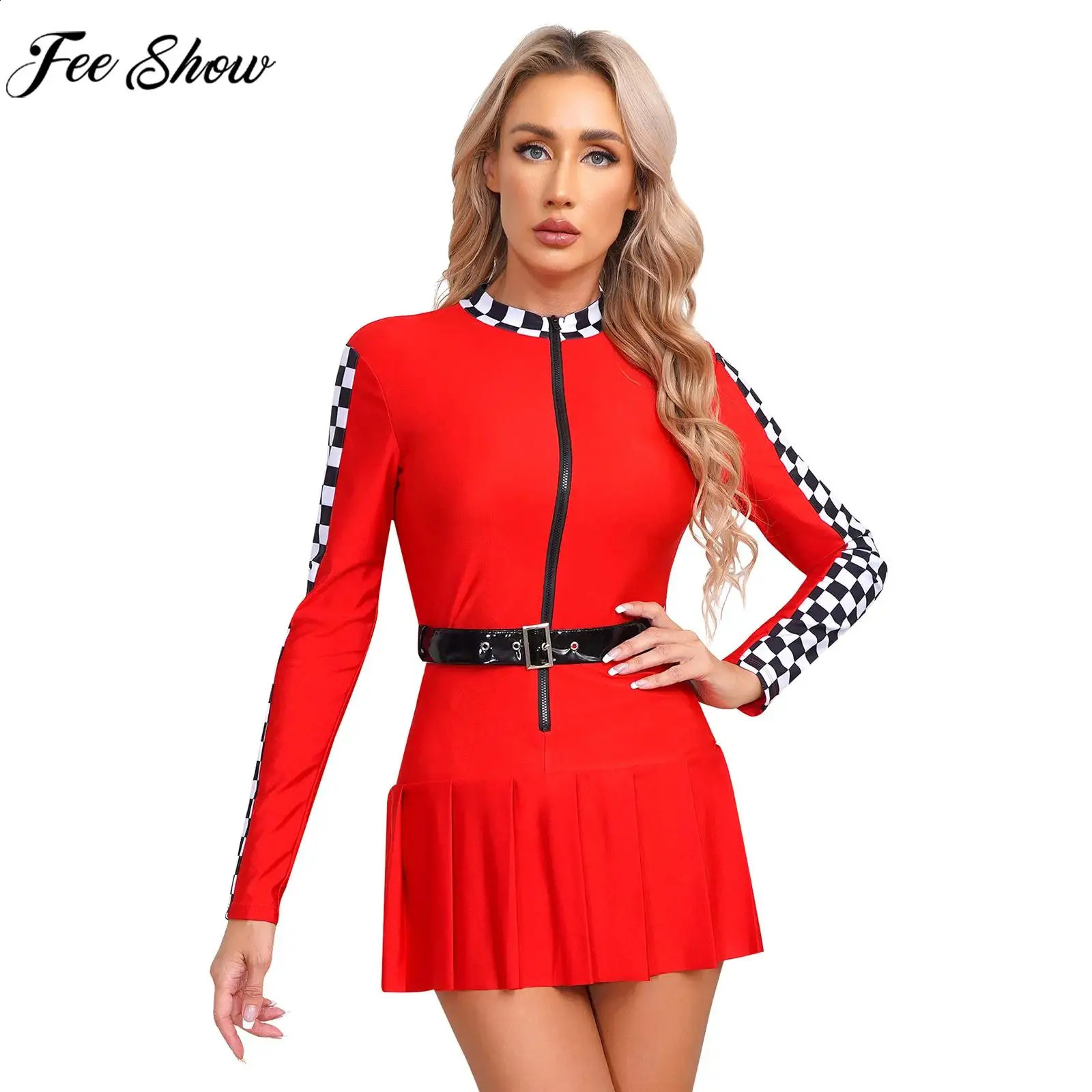Womens checkered racing dress with long sleeves zippered pleats drivers Halloween themed party roleplaying costume w240824